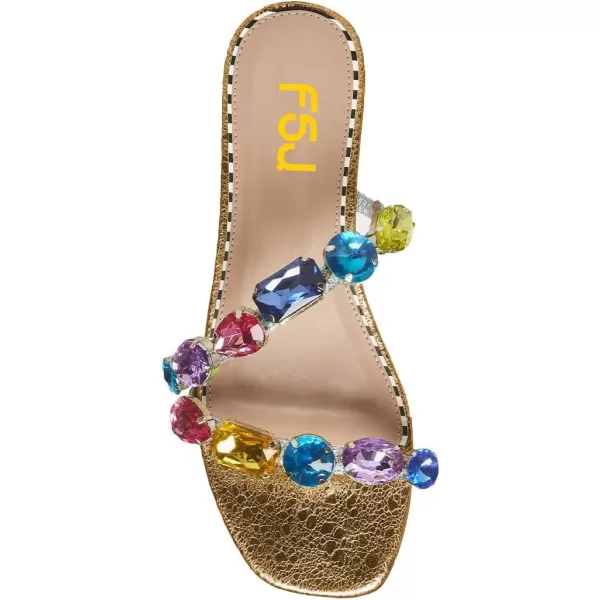 imageFSJ Womens Flat Jeweled Sandals Crystal with Rhinestone Slide Open Toe Casual Slip On Summer Beach Party Bridal Wedding Shoes Size 415 USGold