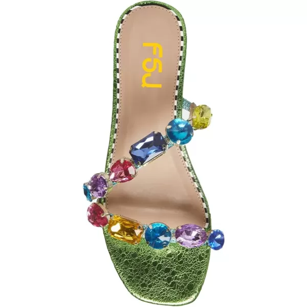 imageFSJ Womens Flat Jeweled Sandals Crystal with Rhinestone Slide Open Toe Casual Slip On Summer Beach Party Bridal Wedding Shoes Size 415 USGreen