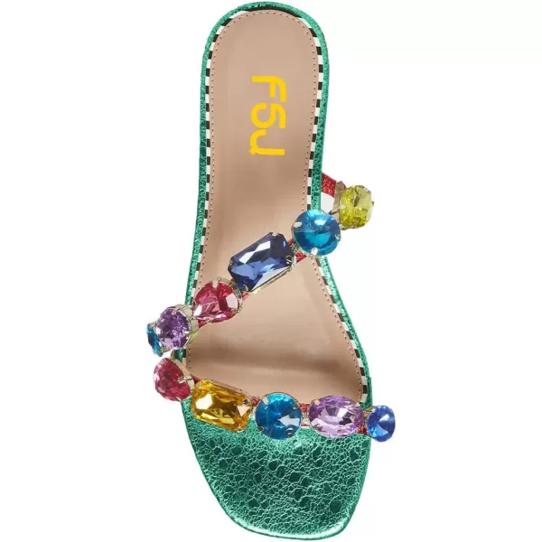 imageFSJ Womens Flat Jeweled Sandals Crystal with Rhinestone Slide Open Toe Casual Slip On Summer Beach Party Bridal Wedding Shoes Size 415 USTurquoise