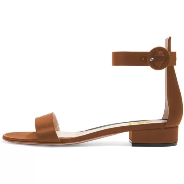 imageFSJ Women Ankle Strap Flats Sandal Open Toe Chunky Low Heel Comfortable Walking Shoes Size 415 USBrown Satin
