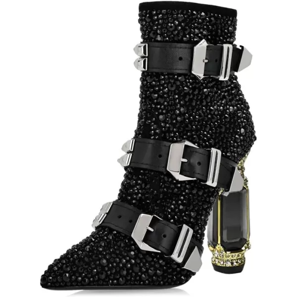 imageFSJ Women Chic Pointed Toe Crystal Chunky Block High Heel Ankle Boots Glossy Side Zipper Casual Daily Fashion Ladies Shoes Size 415 USBlack Belt