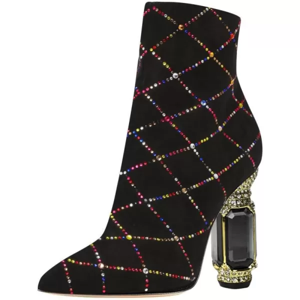 imageFSJ Women Chic Pointed Toe Crystal Chunky Block High Heel Ankle Boots Glossy Side Zipper Casual Daily Fashion Ladies Shoes Size 415 USBlack Grid