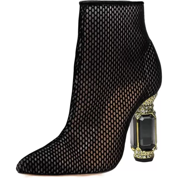 imageFSJ Women Chic Pointed Toe Crystal Chunky Block High Heel Ankle Boots Glossy Side Zipper Casual Daily Fashion Ladies Shoes Size 415 USBlack Mesh