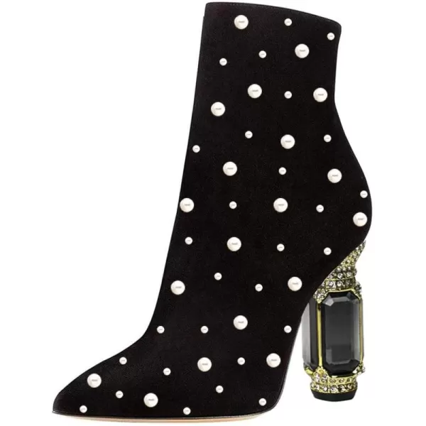 imageFSJ Women Chic Pointed Toe Crystal Chunky Block High Heel Ankle Boots Glossy Side Zipper Casual Daily Fashion Ladies Shoes Size 415 USBlack Pearl
