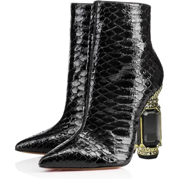 imageFSJ Women Chic Pointed Toe Crystal Chunky Block High Heel Ankle Boots Glossy Side Zipper Casual Daily Fashion Ladies Shoes Size 415 USBlack Python Print
