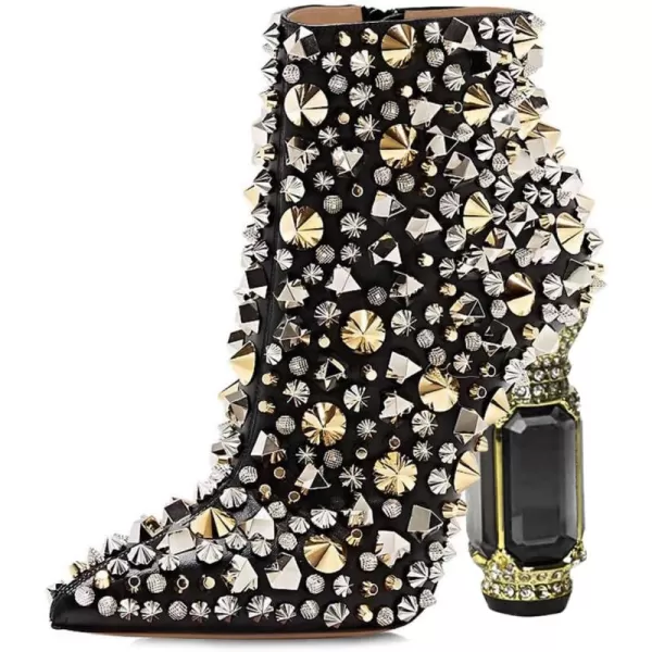 imageFSJ Women Chic Pointed Toe Crystal Chunky Block High Heel Ankle Boots Glossy Side Zipper Casual Daily Fashion Ladies Shoes Size 415 USBlack Rivets