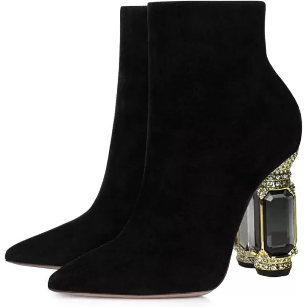 imageFSJ Women Chic Pointed Toe Crystal Chunky Block High Heel Ankle Boots Glossy Side Zipper Casual Daily Fashion Ladies Shoes Size 415 USBlack Suede