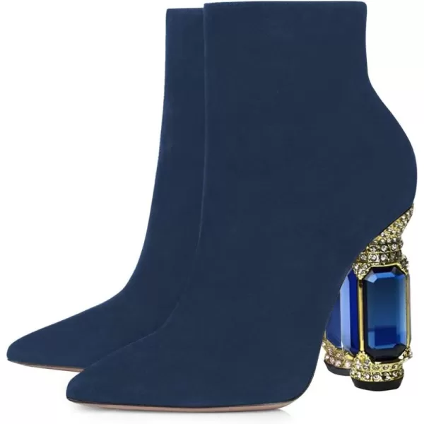 imageFSJ Women Chic Pointed Toe Crystal Chunky Block High Heel Ankle Boots Glossy Side Zipper Casual Daily Fashion Ladies Shoes Size 415 USBlue Suede