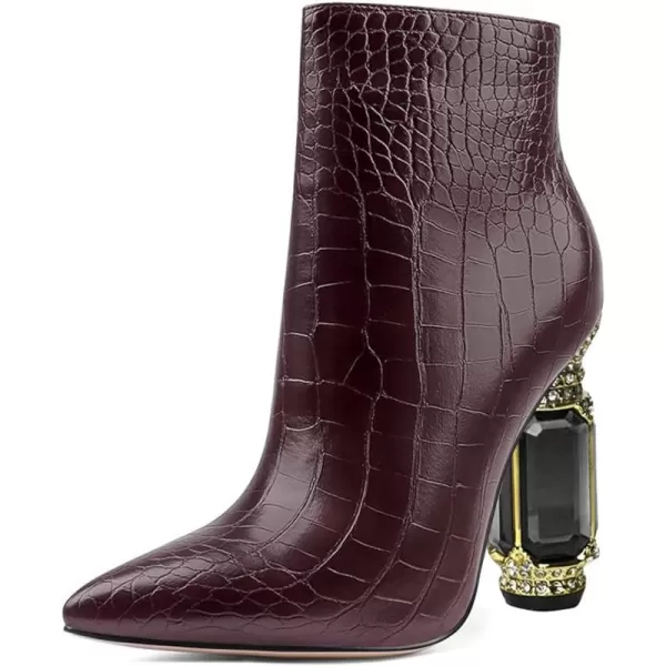 imageFSJ Women Chic Pointed Toe Crystal Chunky Block High Heel Ankle Boots Glossy Side Zipper Casual Daily Fashion Ladies Shoes Size 415 USBrown Crocodile Print