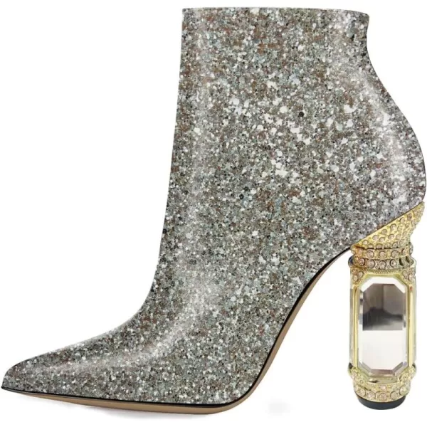 imageFSJ Women Chic Pointed Toe Crystal Chunky Block High Heel Ankle Boots Glossy Side Zipper Casual Daily Fashion Ladies Shoes Size 415 USGlitter Pattern