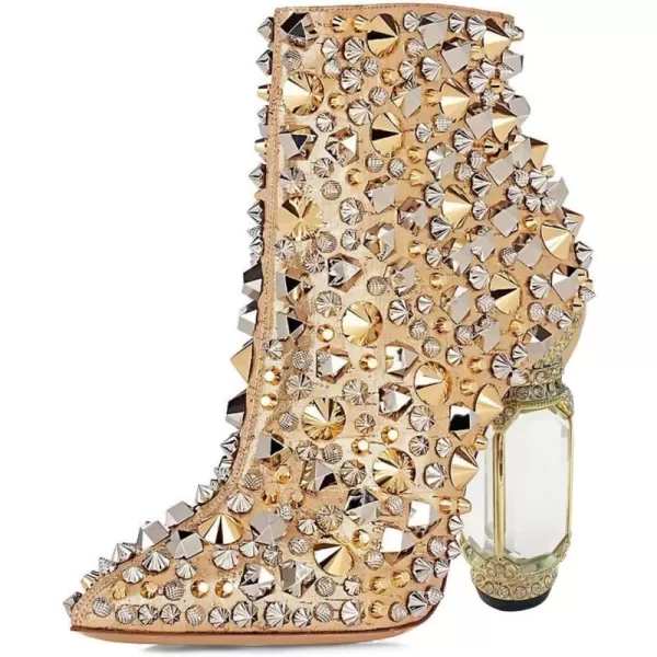 imageFSJ Women Chic Pointed Toe Crystal Chunky Block High Heel Ankle Boots Glossy Side Zipper Casual Daily Fashion Ladies Shoes Size 415 USGold Rivets