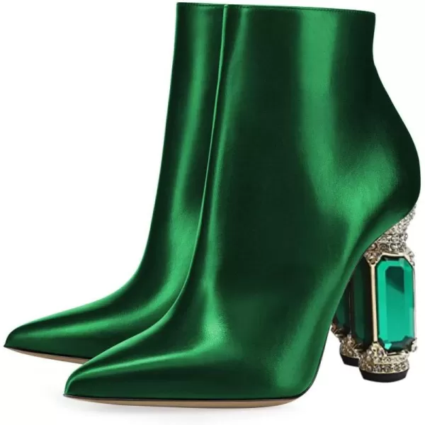 imageFSJ Women Chic Pointed Toe Crystal Chunky Block High Heel Ankle Boots Glossy Side Zipper Casual Daily Fashion Ladies Shoes Size 415 USGreen