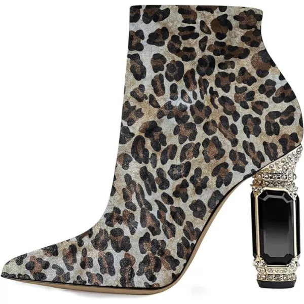 imageFSJ Women Chic Pointed Toe Crystal Chunky Block High Heel Ankle Boots Glossy Side Zipper Casual Daily Fashion Ladies Shoes Size 415 USLeopard