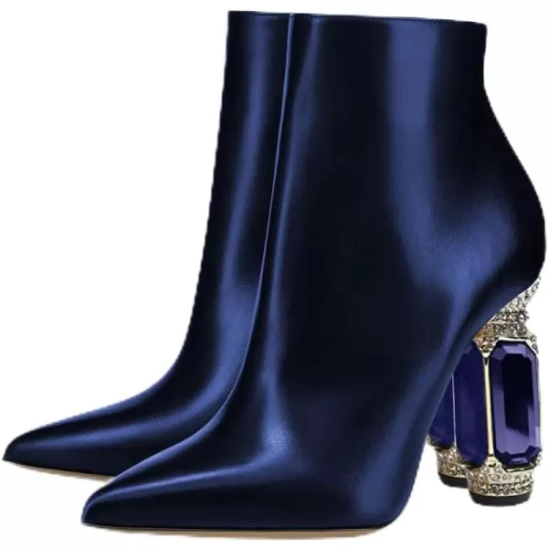 imageFSJ Women Chic Pointed Toe Crystal Chunky Block High Heel Ankle Boots Glossy Side Zipper Casual Daily Fashion Ladies Shoes Size 415 USNavy