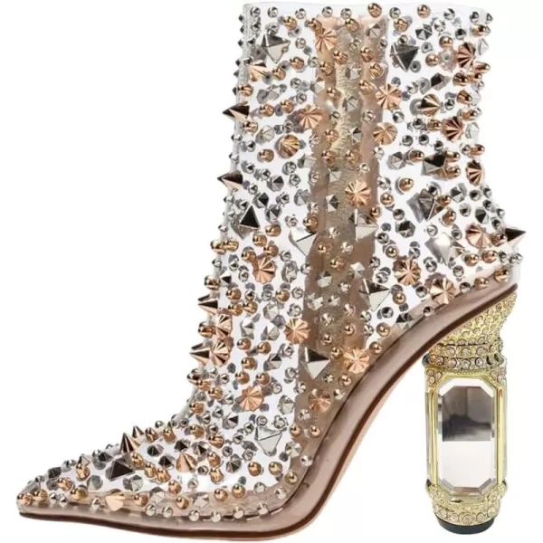 imageFSJ Women Chic Pointed Toe Crystal Chunky Block High Heel Ankle Boots Glossy Side Zipper Casual Daily Fashion Ladies Shoes Size 415 USNudeclear