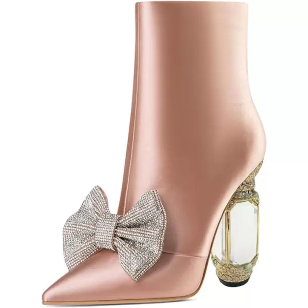 imageFSJ Women Chic Pointed Toe Crystal Chunky Block High Heel Ankle Boots Glossy Side Zipper Casual Daily Fashion Ladies Shoes Size 415 USPink Bow