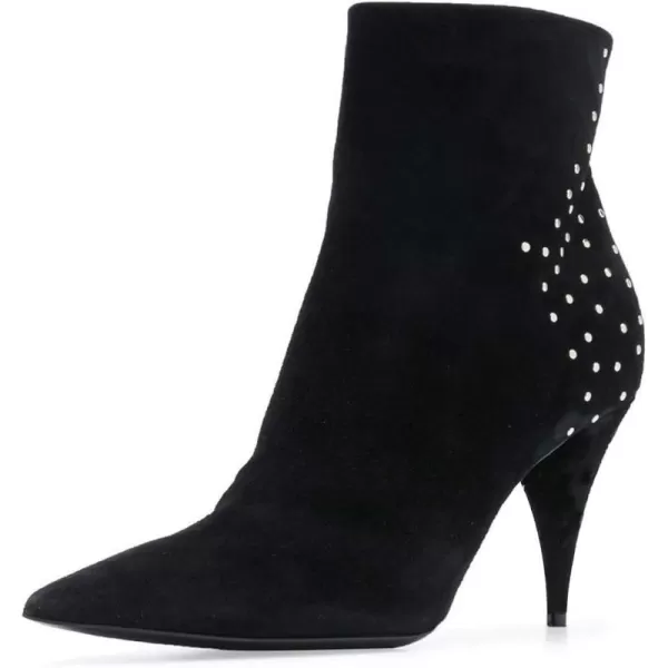 imageFSJ Women Classic Pointed Toe Ankle Boots High Cone Heel Leather Faux Suede Studded Rhinestones Leopard Short Booties Side Zipper Dress Shoes Size 415 USBlack Crystal