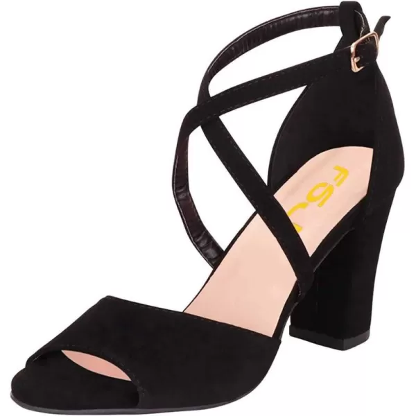 imageFSJ Women Elegant Peep Toe Sandals Chunky High Heel Pumps Cross Strap Velvet Suede Dress Pumps Size 415 USBlack Suede