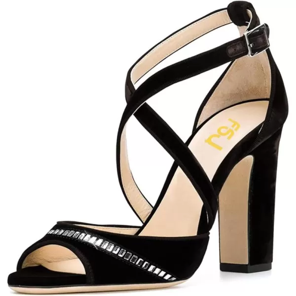 imageFSJ Women Elegant Peep Toe Sandals Chunky High Heel Pumps Cross Strap Velvet Suede Dress Pumps Size 415 USBlackrhinestone 1