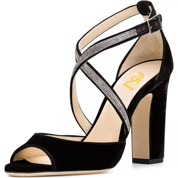 imageFSJ Women Elegant Peep Toe Sandals Chunky High Heel Pumps Cross Strap Velvet Suede Dress Pumps Size 415 USBlackrhinestone 2
