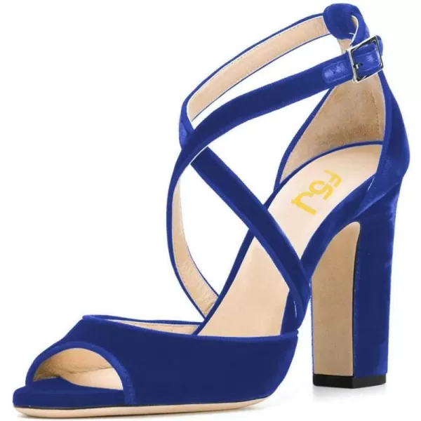 imageFSJ Women Elegant Peep Toe Sandals Chunky High Heel Pumps Cross Strap Velvet Suede Dress Pumps Size 415 USBlue