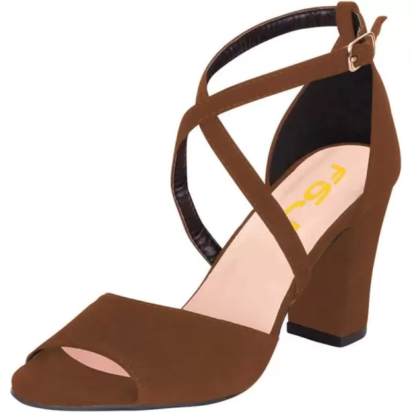 imageFSJ Women Elegant Peep Toe Sandals Chunky High Heel Pumps Cross Strap Velvet Suede Dress Pumps Size 415 USBrown Suede