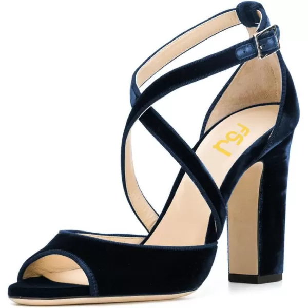 imageFSJ Women Elegant Peep Toe Sandals Chunky High Heel Pumps Cross Strap Velvet Suede Dress Pumps Size 415 USDark Blue