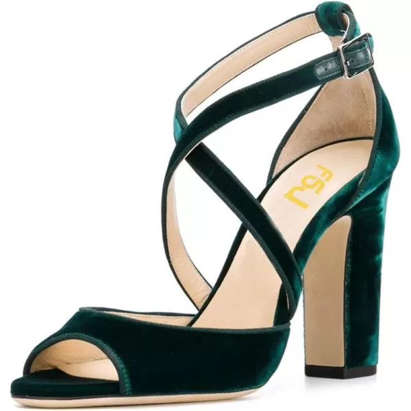 imageFSJ Women Elegant Peep Toe Sandals Chunky High Heel Pumps Cross Strap Velvet Suede Dress Pumps Size 415 USEmerald