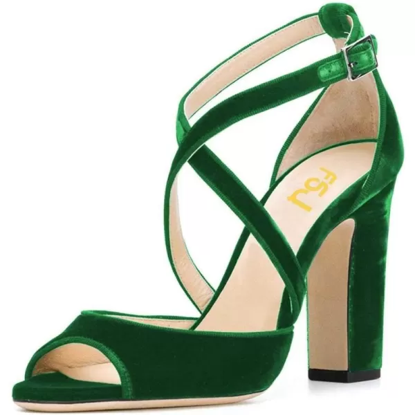 imageFSJ Women Elegant Peep Toe Sandals Chunky High Heel Pumps Cross Strap Velvet Suede Dress Pumps Size 415 USGreen