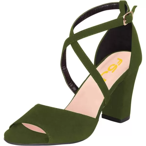 imageFSJ Women Elegant Peep Toe Sandals Chunky High Heel Pumps Cross Strap Velvet Suede Dress Pumps Size 415 USGreen Suede