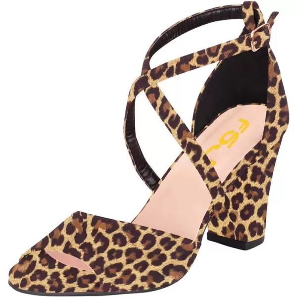 imageFSJ Women Elegant Peep Toe Sandals Chunky High Heel Pumps Cross Strap Velvet Suede Dress Pumps Size 415 USLeopard