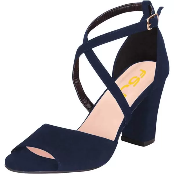 imageFSJ Women Elegant Peep Toe Sandals Chunky High Heel Pumps Cross Strap Velvet Suede Dress Pumps Size 415 USNavy Suede