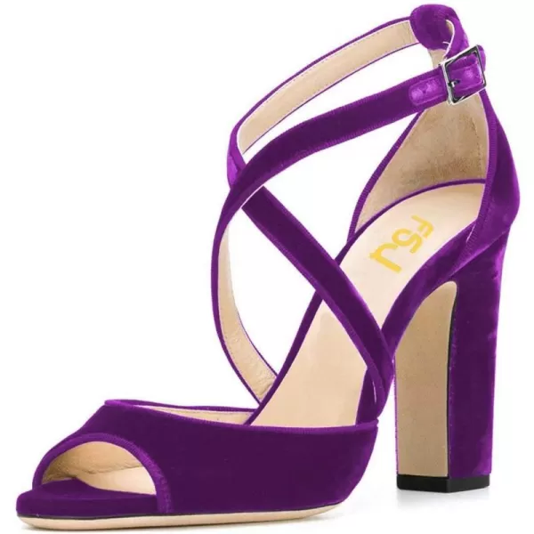 imageFSJ Women Elegant Peep Toe Sandals Chunky High Heel Pumps Cross Strap Velvet Suede Dress Pumps Size 415 USPurple