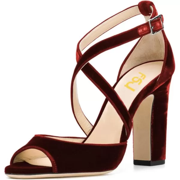 imageFSJ Women Elegant Peep Toe Sandals Chunky High Heel Pumps Cross Strap Velvet Suede Dress Pumps Size 415 USWine