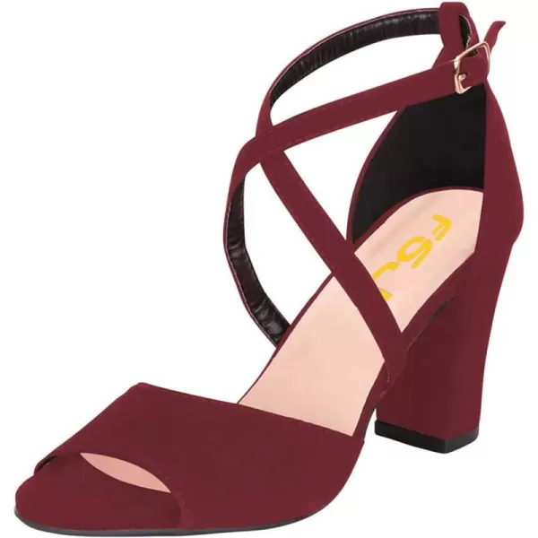 imageFSJ Women Elegant Peep Toe Sandals Chunky High Heel Pumps Cross Strap Velvet Suede Dress Pumps Size 415 USWine Suede