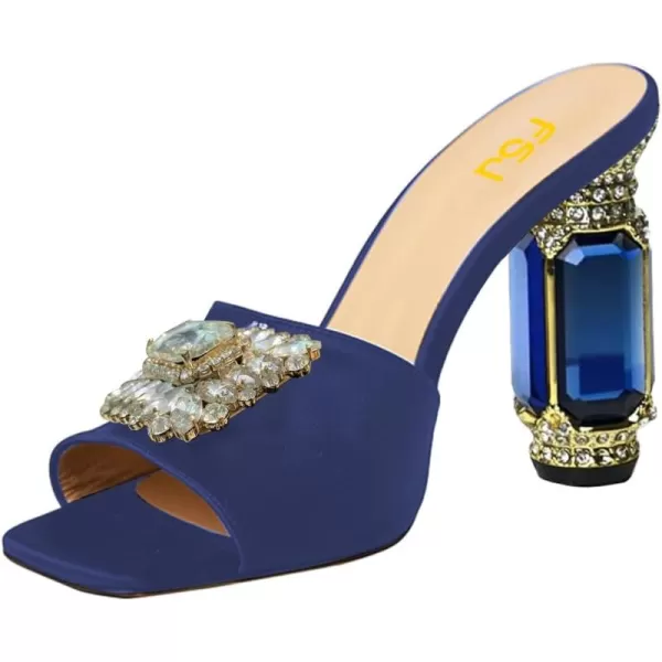 imageFSJ Women Luxury Square Crystal High Heel Sandals Mule Open Toe Rhinestone Block Heel Slip On Comfort Evening Party Dress Gem Slides Shoes Size 416 USBlue