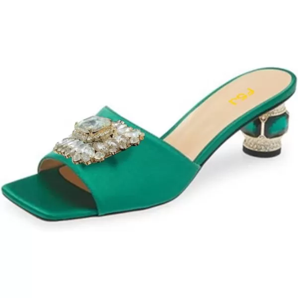 imageFSJ Women Luxury Square Crystal High Heel Sandals Mule Open Toe Rhinestone Block Heel Slip On Comfort Evening Party Dress Gem Slides Shoes Size 416 USEmerald Green Low Heel