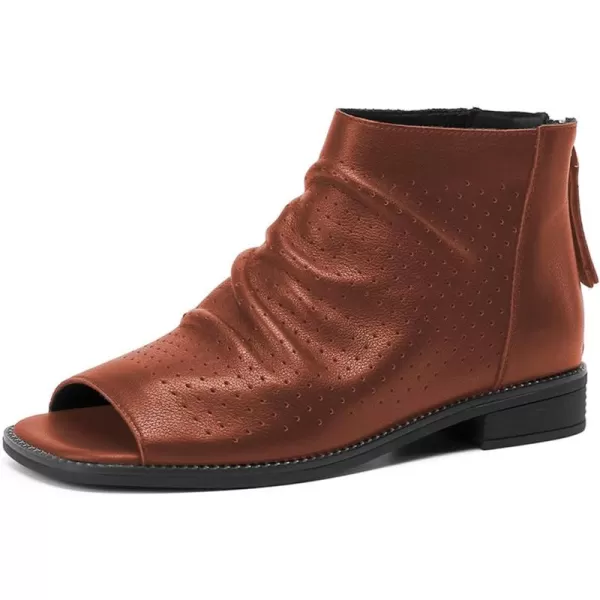 imageFSJ Women Peep Open Toe Boots Slouchy Low Block Heel Ankle Booties Flats Sandal Ruched Cutout Zipper Comfort Dress Pump Shoes Size 415 USBrown
