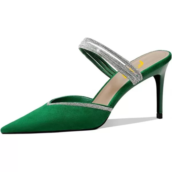 imageFSJ Women Sexy Closed Pointed Toe Sandals Stiletto Heels Rhinestones Strap High Heels Faux Suede Slip on Slingback Mules Ladies Dress Shoes Size 415 USGreen