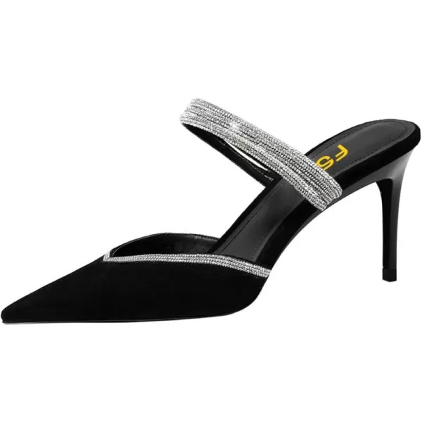 imageFSJ Women Sexy Closed Pointed Toe Sandals Stiletto Heels Rhinestones Strap High Heels Faux Suede Slip on Slingback Mules Ladies Dress Shoes Size 415 USBlack