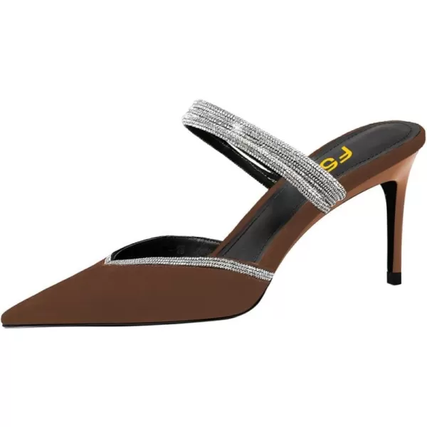 imageFSJ Women Sexy Closed Pointed Toe Sandals Stiletto Heels Rhinestones Strap High Heels Faux Suede Slip on Slingback Mules Ladies Dress Shoes Size 415 USBrown