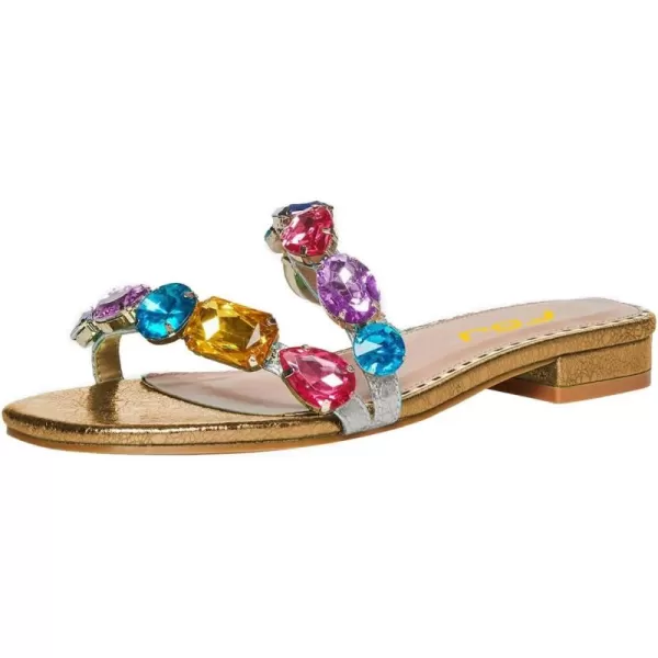 imageFSJ Womens Flat Jeweled Sandals Crystal with Rhinestone Slide Open Toe Casual Slip On Summer Beach Party Bridal Wedding Shoes Size 415 USGold