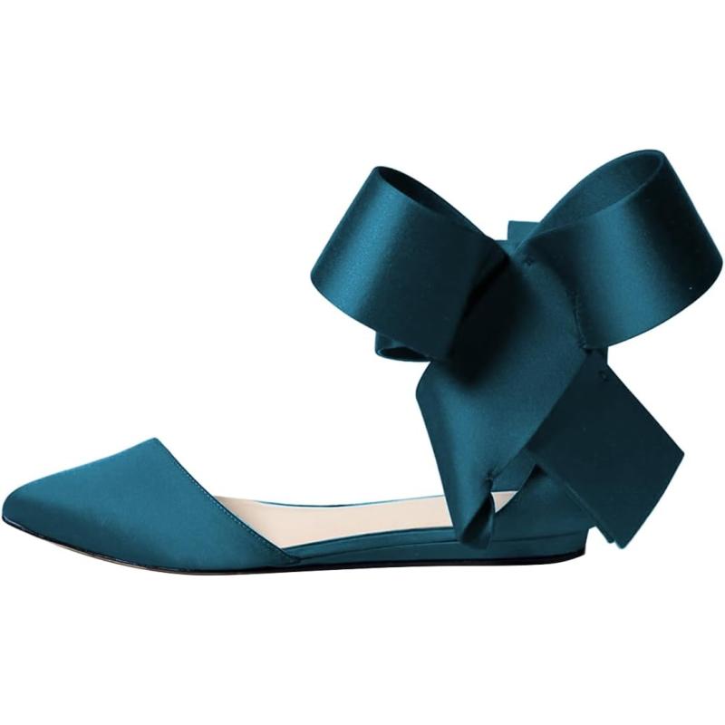 imageFSJ Women Chic Closed Pointed Toe DOrsay Ankle Strap Ballet Flats Shoes Large Side Bows Comfortable Solid Color Shoes Size 416 USCyan