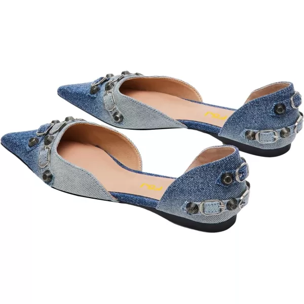 imageFSJ Women Closed Pointed Toe DOrsay Rivet Slip On Dress Flats Shoes Comfortable Studded Faux Leather Solid Color Fashion Shoes Size 416 USFaded Denim
