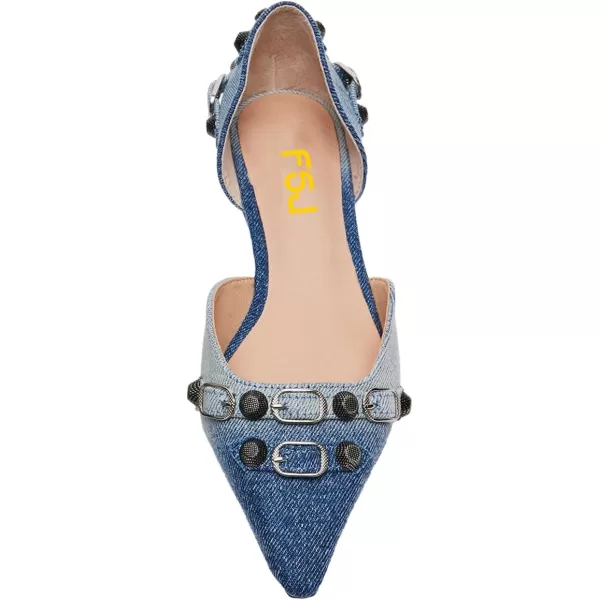 imageFSJ Women Closed Pointed Toe DOrsay Rivet Slip On Dress Flats Shoes Comfortable Studded Faux Leather Solid Color Fashion Shoes Size 416 USFaded Denim
