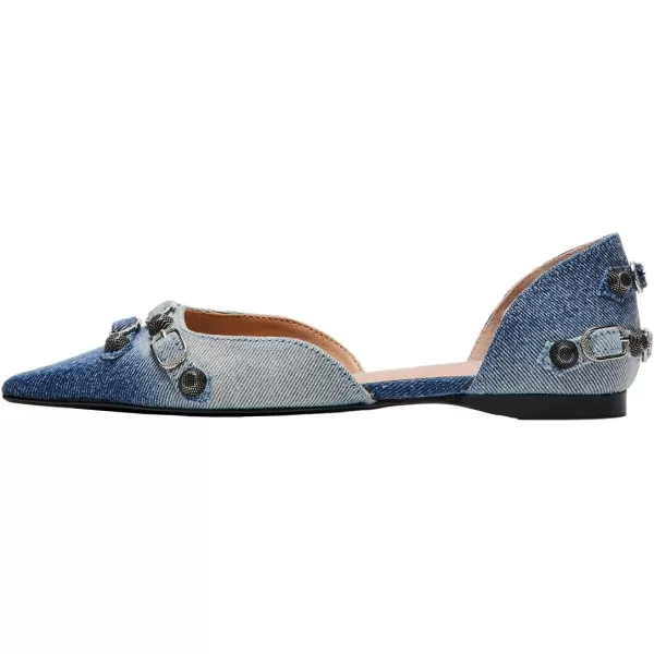imageFSJ Women Closed Pointed Toe DOrsay Rivet Slip On Dress Flats Shoes Comfortable Studded Faux Leather Solid Color Fashion Shoes Size 416 USFaded Denim