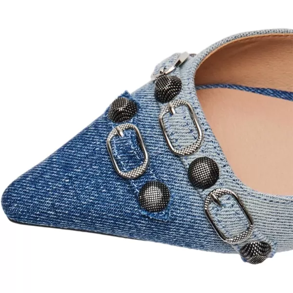 imageFSJ Women Closed Pointed Toe DOrsay Rivet Slip On Dress Flats Shoes Comfortable Studded Faux Leather Solid Color Fashion Shoes Size 416 USFaded Denim