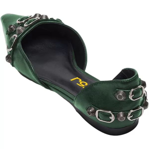 imageFSJ Women Closed Pointed Toe DOrsay Rivet Slip On Dress Flats Shoes Comfortable Studded Faux Leather Solid Color Fashion Shoes Size 416 USGreen