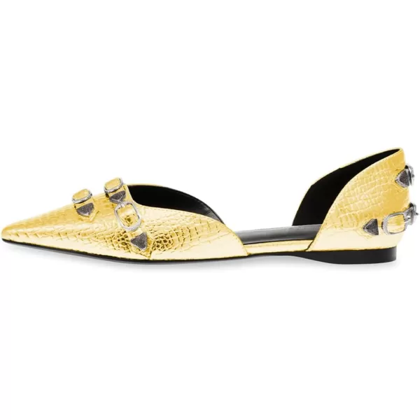 imageFSJ Women Closed Pointed Toe DOrsay Rivet Slip On Dress Flats Shoes Comfortable Studded Faux Leather Solid Color Fashion Shoes Size 416 USYellow