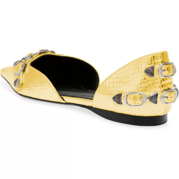 imageFSJ Women Closed Pointed Toe DOrsay Rivet Slip On Dress Flats Shoes Comfortable Studded Faux Leather Solid Color Fashion Shoes Size 416 USYellow